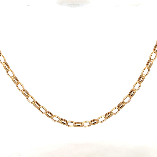 9ct yellow gold belcher chain with a secure clasp, weighing 6.4g, showcasing polished gold links on a neutral background.