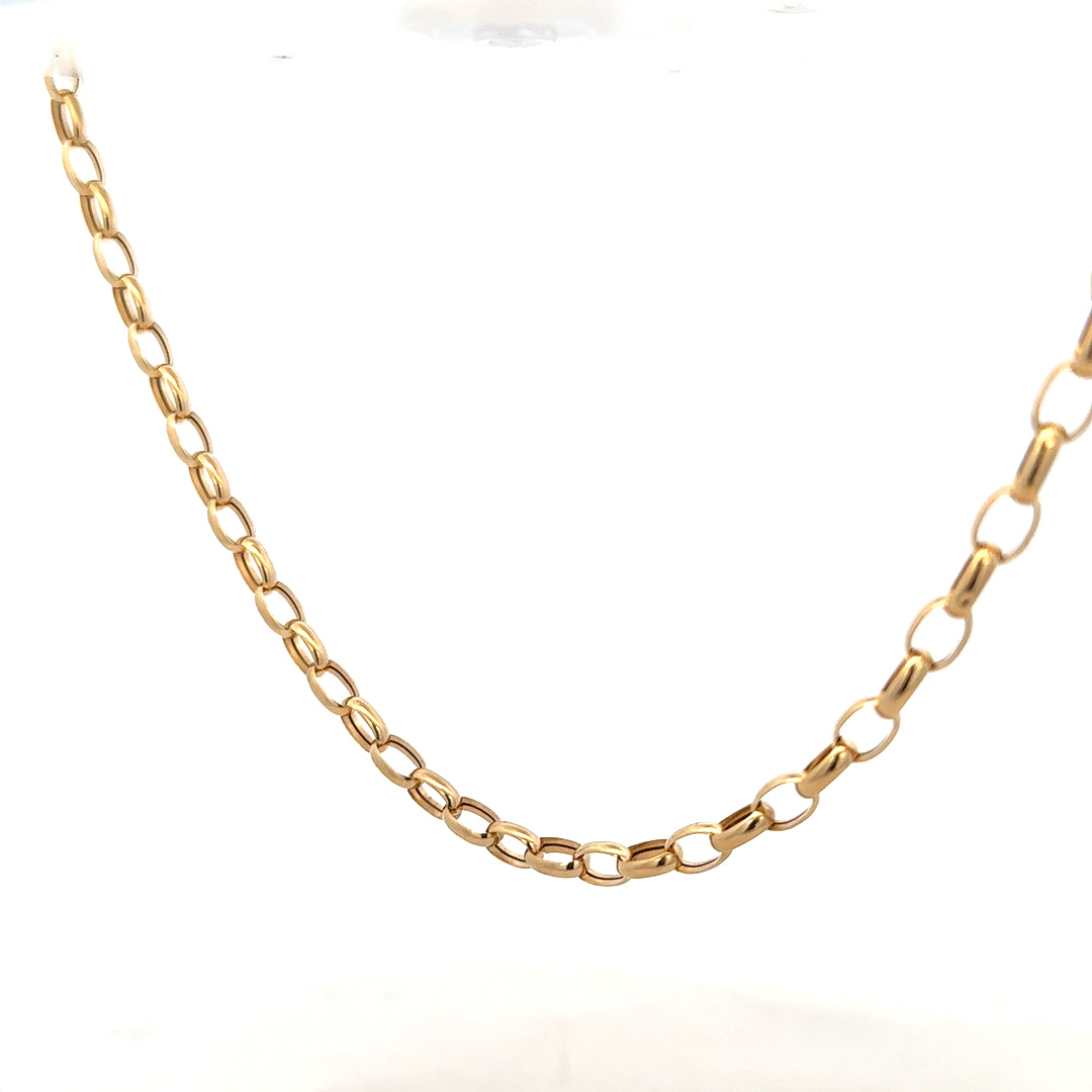 9ct yellow gold belcher chain weighing 6.4g, featuring classic linked design and a secure clasp, unbranded jewelry accessory.