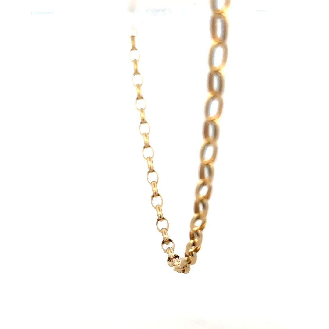 9ct yellow gold belcher chain weighing 6.4g, showcasing interconnected oval links in a classic jewelry style