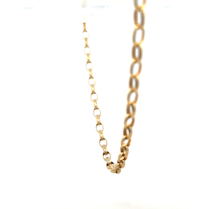 9ct yellow gold belcher chain weighing 6.4g, showcasing interconnected oval links in a classic jewelry style