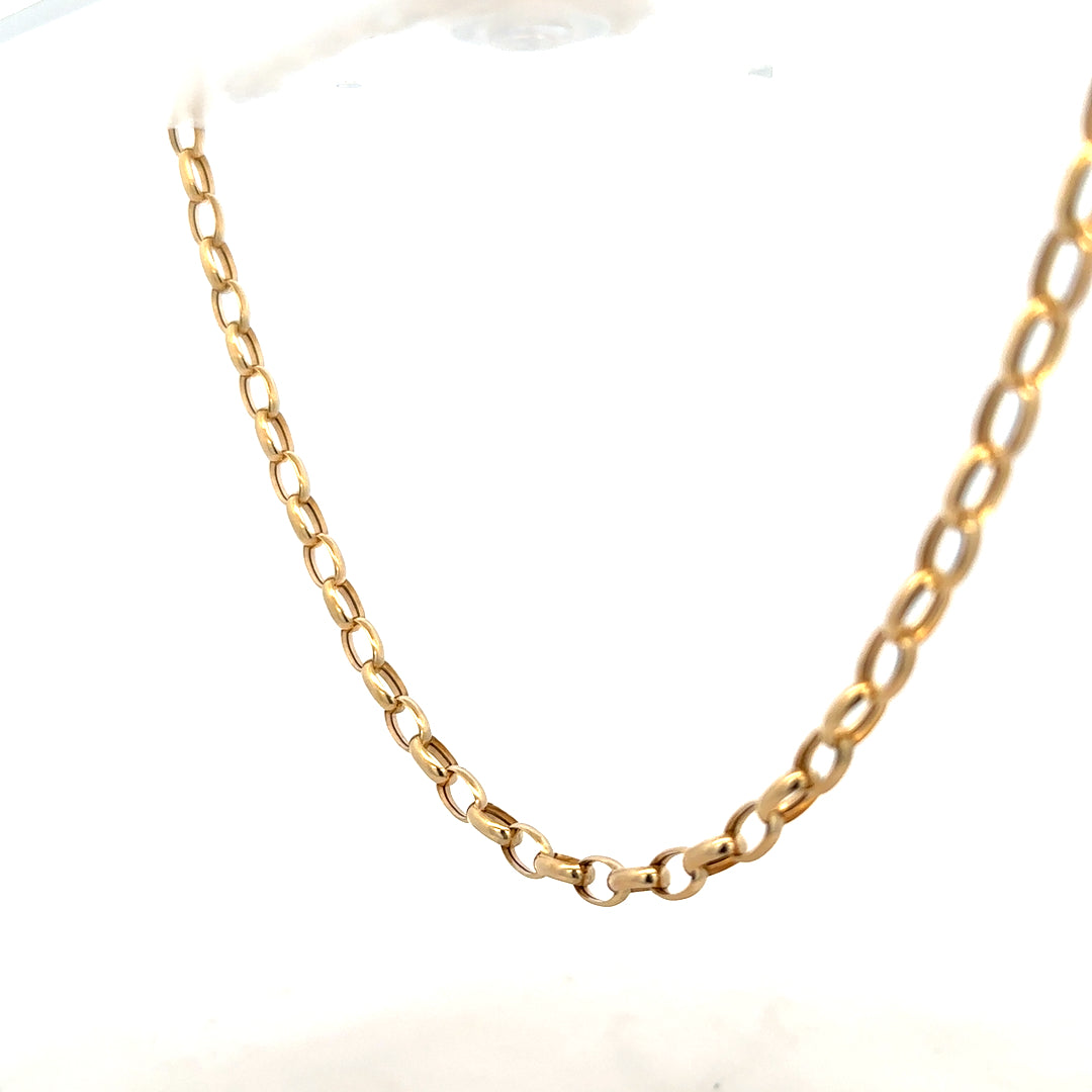9ct yellow gold belcher chain weighing 6.4g, featuring classic interlinked circular links for a stylish jewelry accessory.
