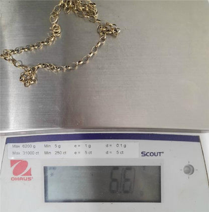 9ct yellow gold belcher chain weighing 6.6g, featuring classic round links, unbranded jewelry accessory for men or women.
