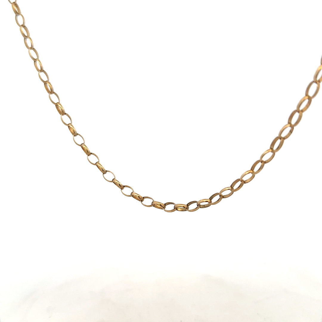 9ct yellow gold belcher chain weighing 7.3g with detailed links, showcasing a classic jewelry design.