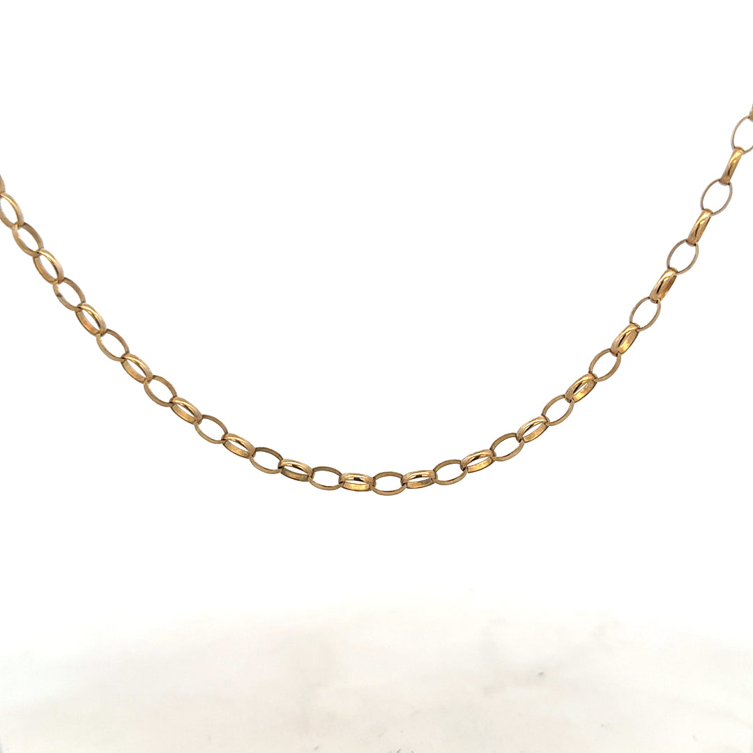 9ct yellow gold belcher chain weighing 7.3g, close-up view showing links and craftsmanship, unbranded jewelry accessory.