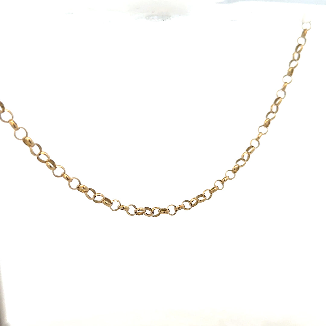 9ct yellow gold belcher chain weighing 7.6g, featuring classic round links, jewelry accessory with a polished finish.