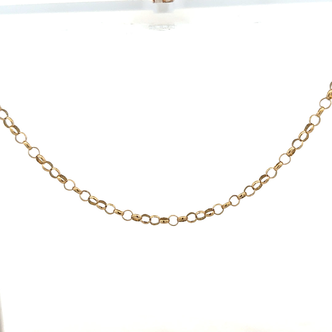 9ct yellow gold belcher chain, unbranded, showing close-up of the 7.6g chain with detailed links and polished finish.