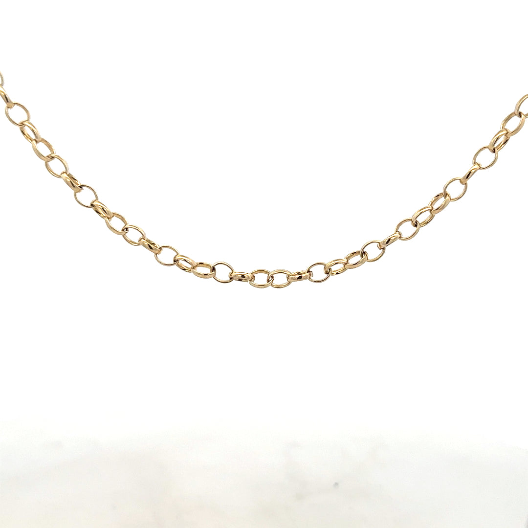 9ct yellow gold belcher chain weighing 9.5g, featuring classic interlinked oval links on a plain background.