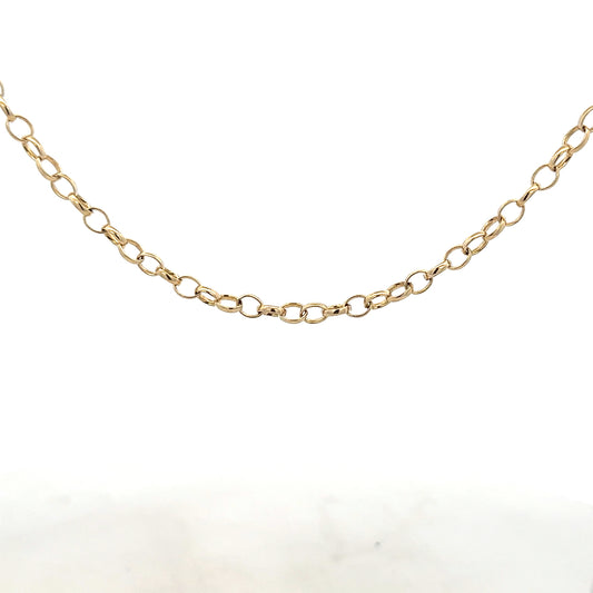 9ct yellow gold belcher chain weighing 9.5g, featuring classic interlinked oval links on a plain background.