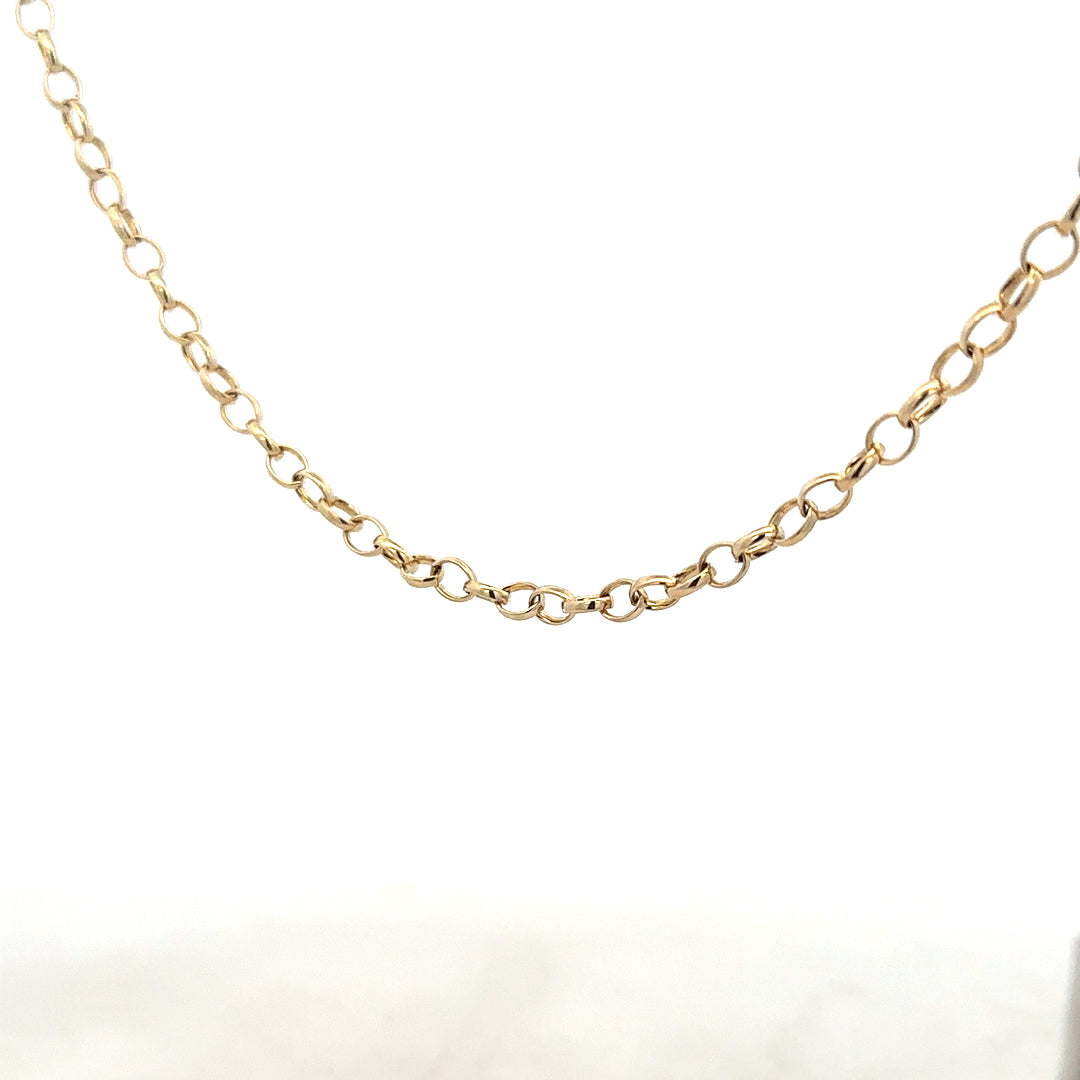 9ct yellow gold belcher chain weighing 9.5g, featuring classic round links, unbranded jewelry for men and women.