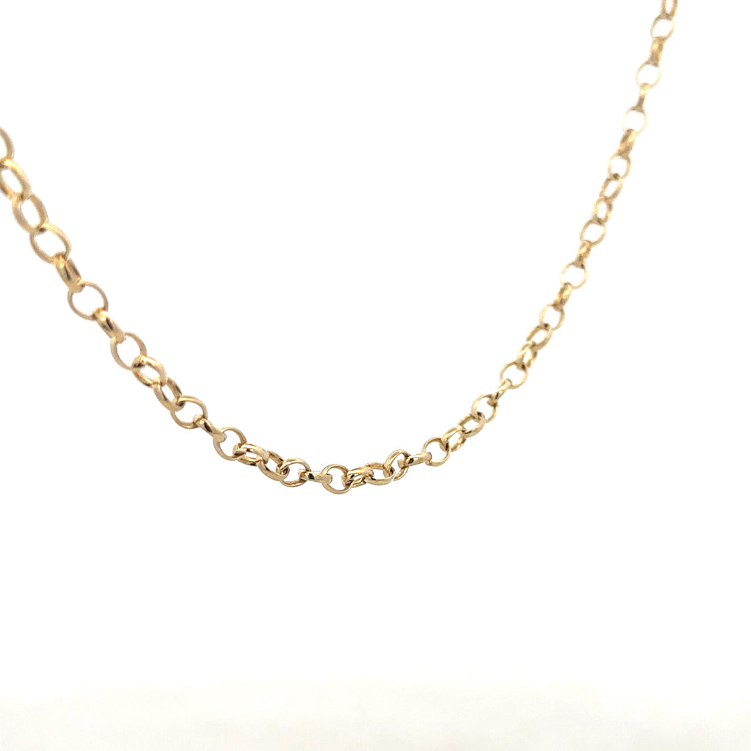 9ct yellow gold belcher chain weighing 9.5g, unbranded, with closely linked round gold chain links visible in the image.