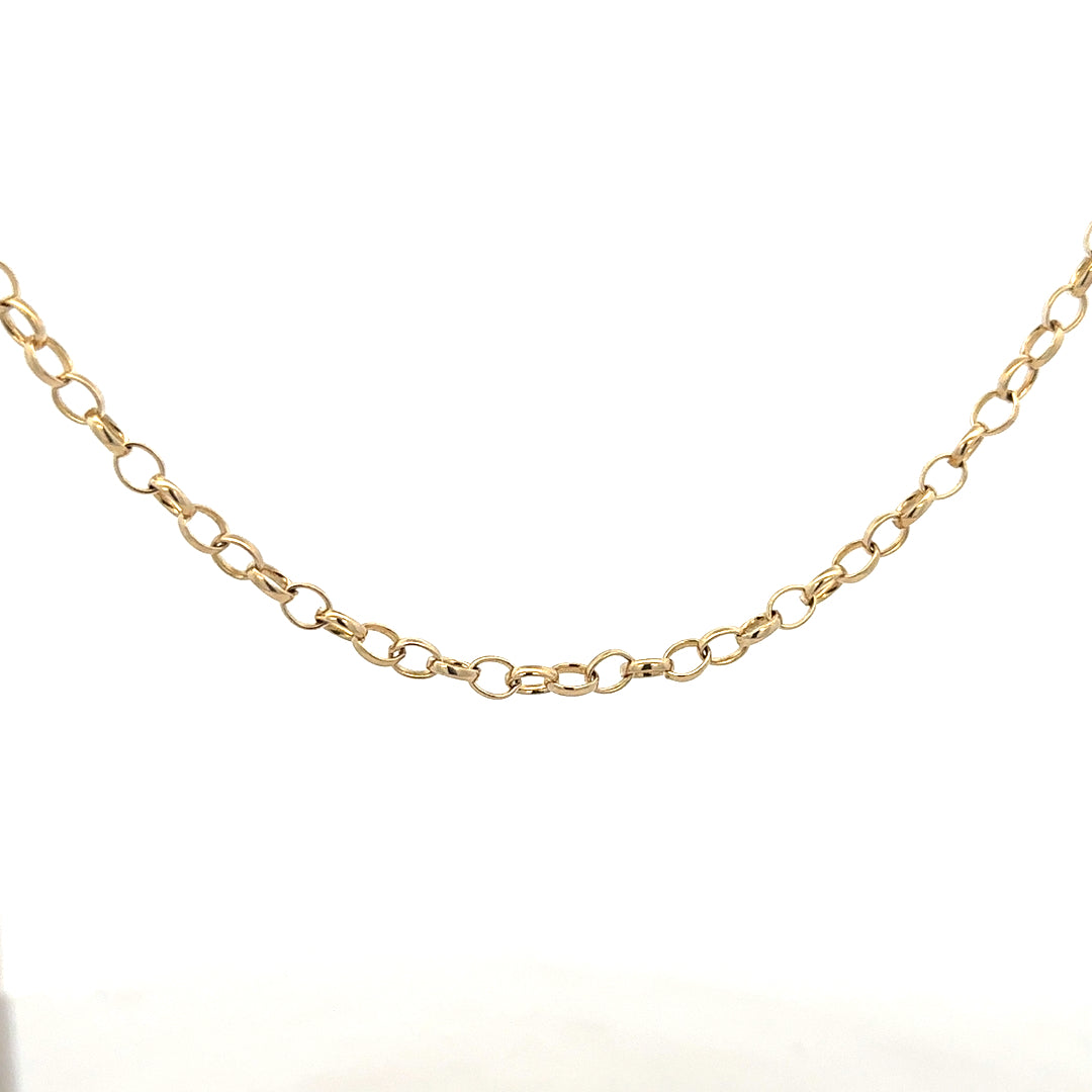 9ct yellow gold belcher chain weighing 9.5g, unbranded, with close-up of the textured linked chain design.