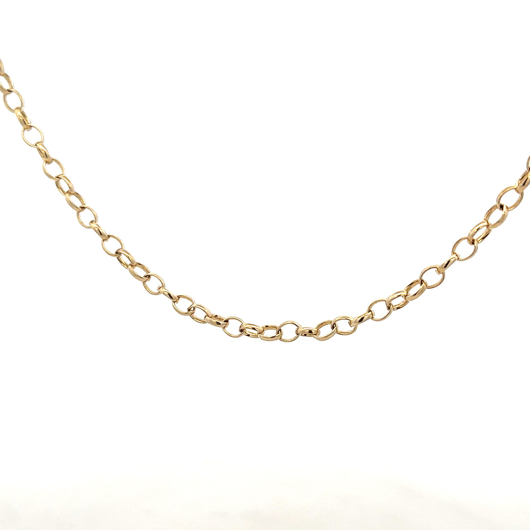 9ct yellow gold belcher chain weighing 9.5g, unbranded, with a close-up view of its classic linked design.