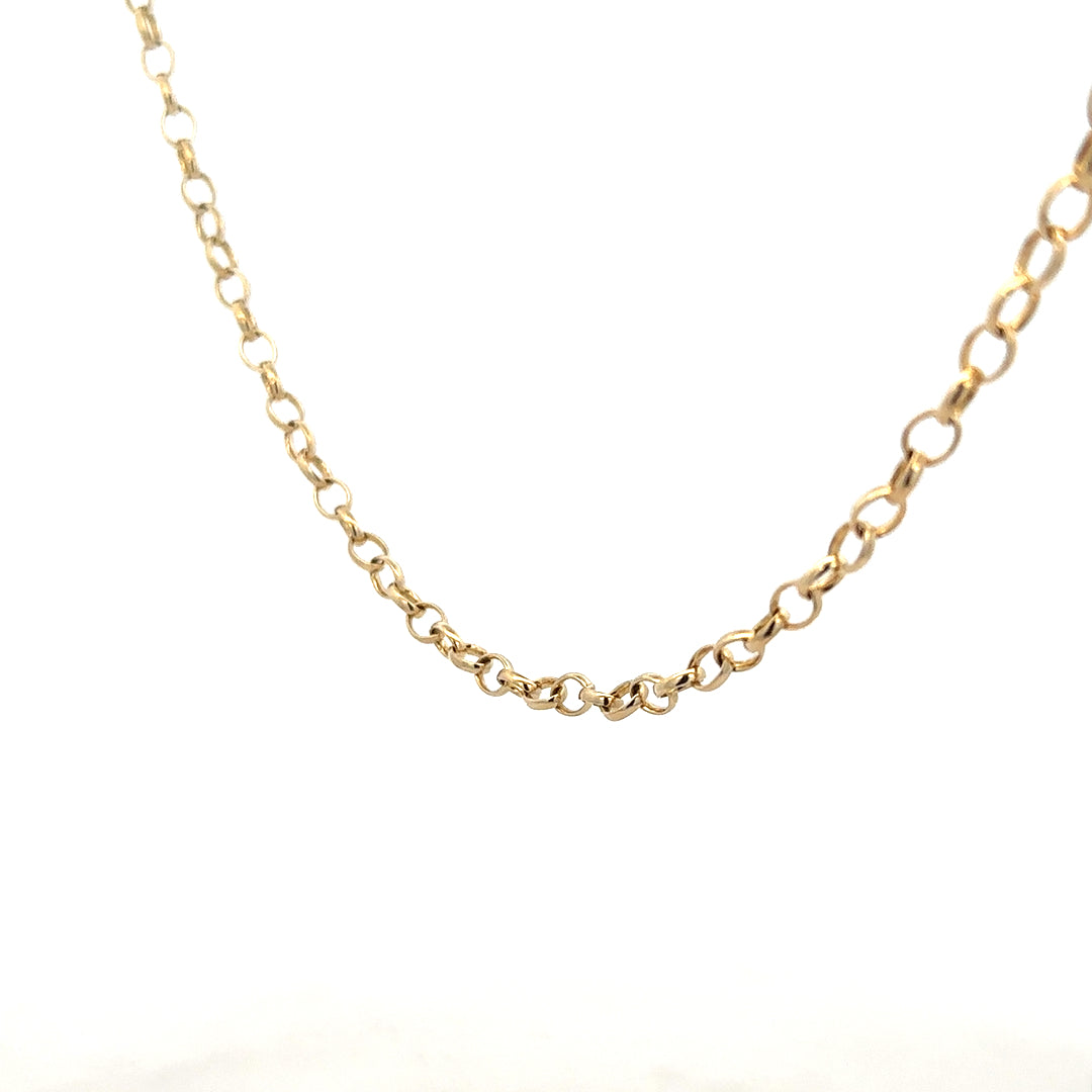 9ct yellow gold belcher chain weighing 9.5g, unbranded, with detailed links, shown lying flat against a neutral background.