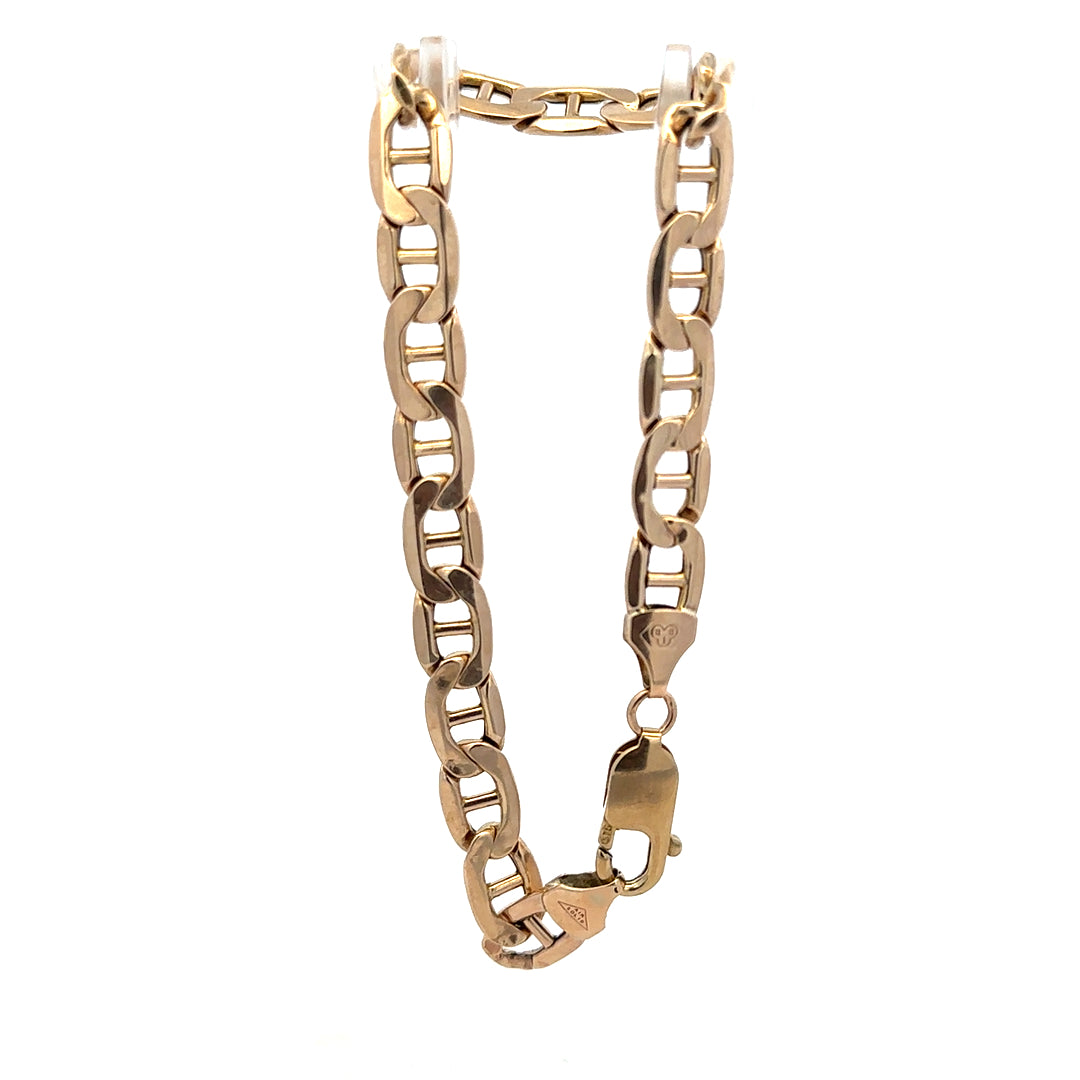 9ct yellow gold bracelet weighing 8.6g, featuring a sleek design, unbranded, with polished finish and secure clasp.