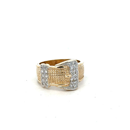 9ct yellow gold buckle ring in size V1/2, featuring a polished gold finish and elegant buckle design.