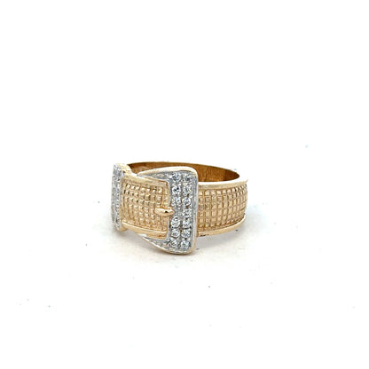 9ct yellow gold buckle ring in size V1/2, featuring a classic design and polished finish, showcased on a plain background.