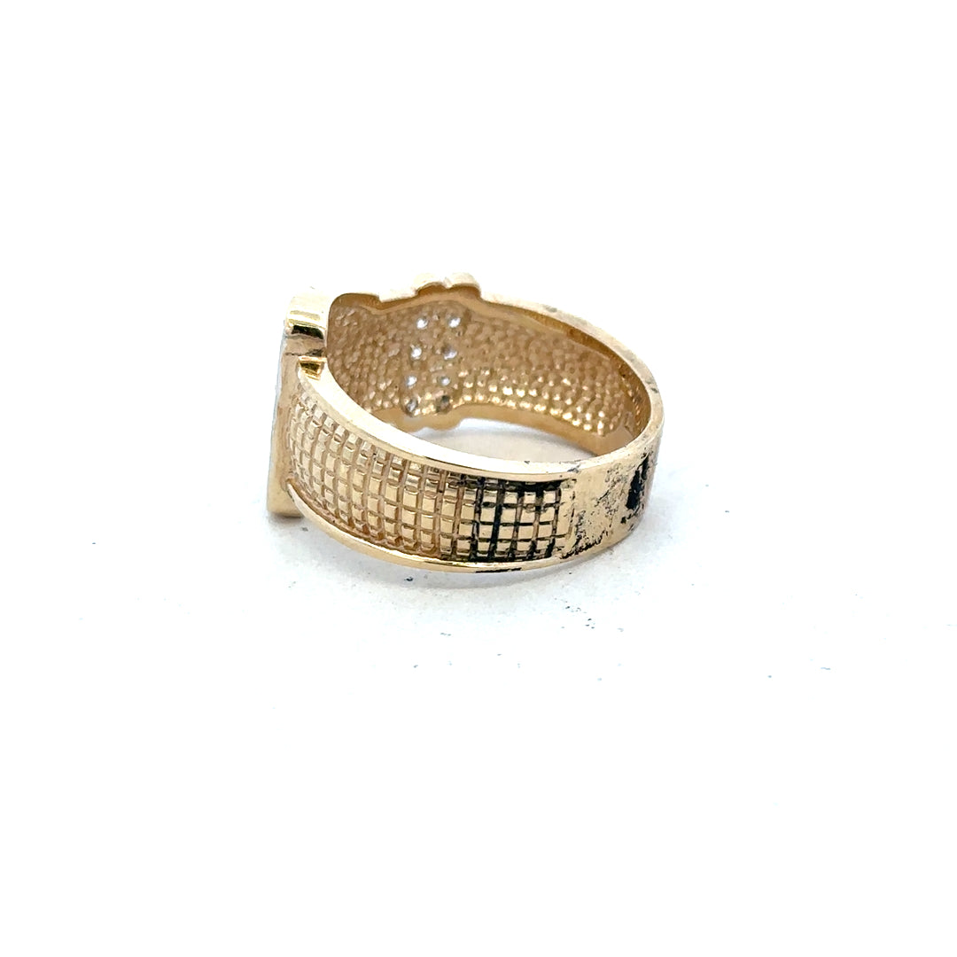 9ct yellow gold buckle ring in size V1/2, featuring a polished gold finish and a classic buckle design.