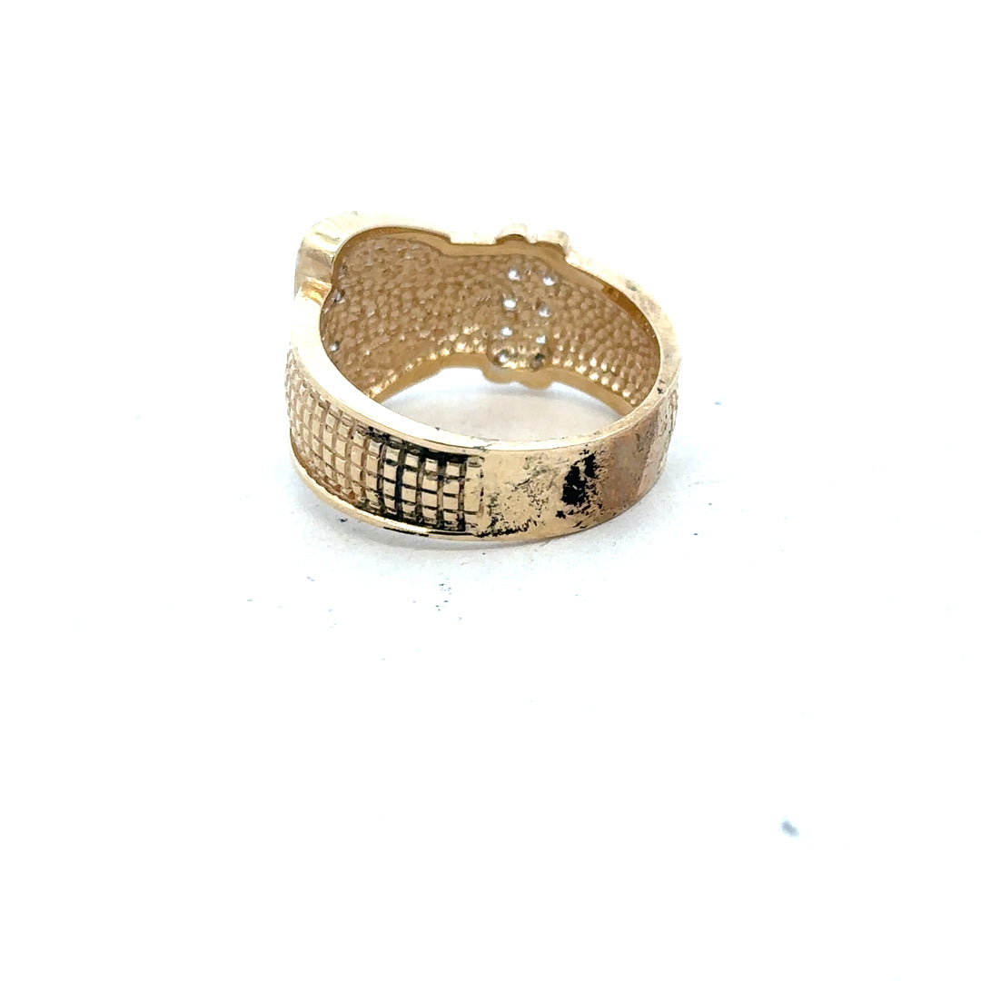 9ct yellow gold buckle ring in size V1/2, featuring a sleek design and polished finish, shown on a plain background.