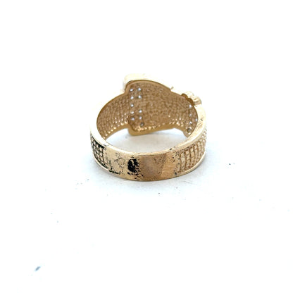 9ct yellow gold buckle ring in size V1/2, featuring a sleek design and polished finish.