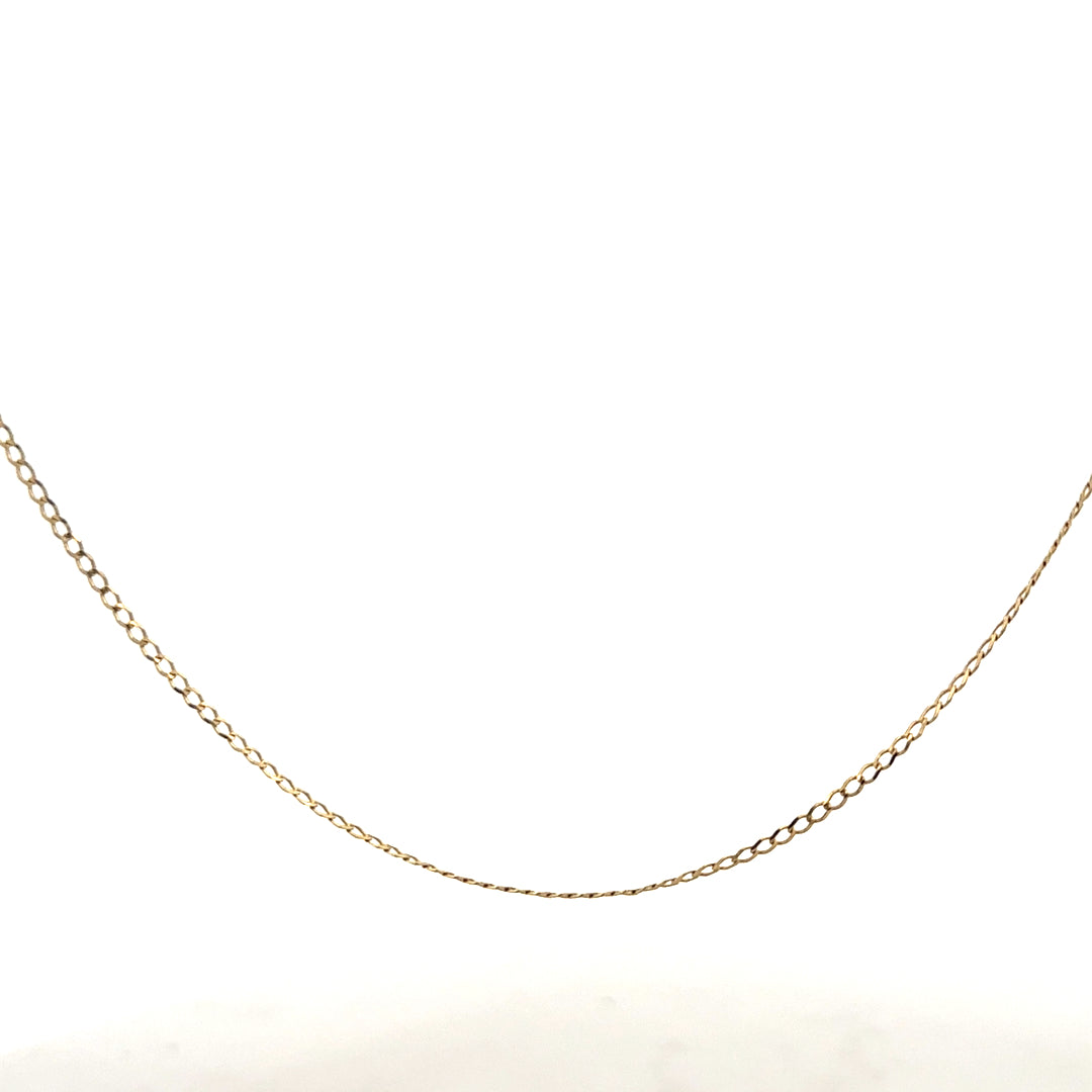 9ct yellow gold chain weighing 1.3g, featuring a delicate link design, suitable for everyday wear or layering.