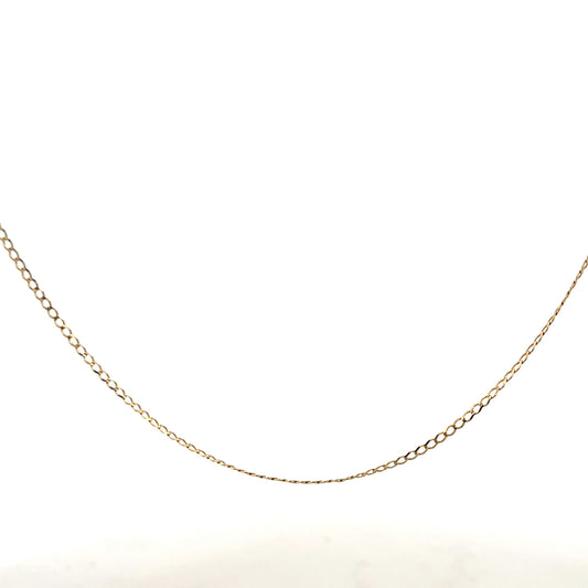 9ct yellow gold chain weighing 1.3g, featuring a delicate link design, suitable for everyday wear or layering.