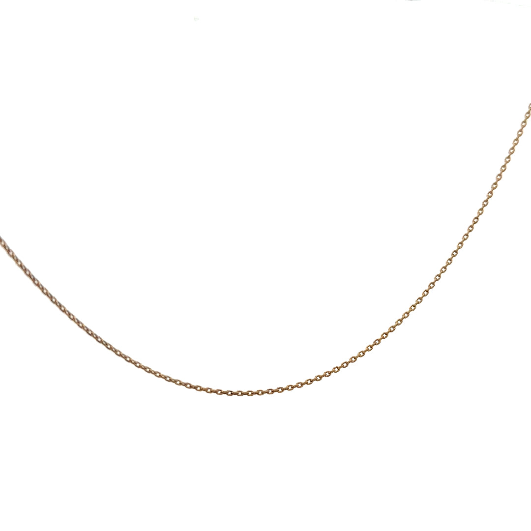 9ct yellow gold chain weighing 1.3g, unbranded, with a close-up view of its fine link design and shiny finish.