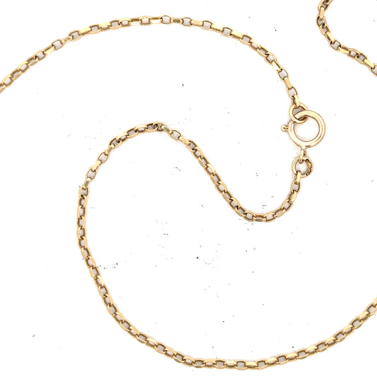 9ct yellow gold chain weighing 2.4g, unbranded, shown in a close-up image highlighting the fine linked design.