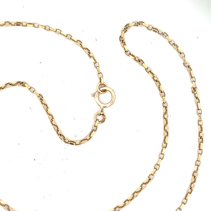 9ct yellow gold chain weighing 2.4g, unbranded jewelry accessory with a classic link design, shown in a close-up image.