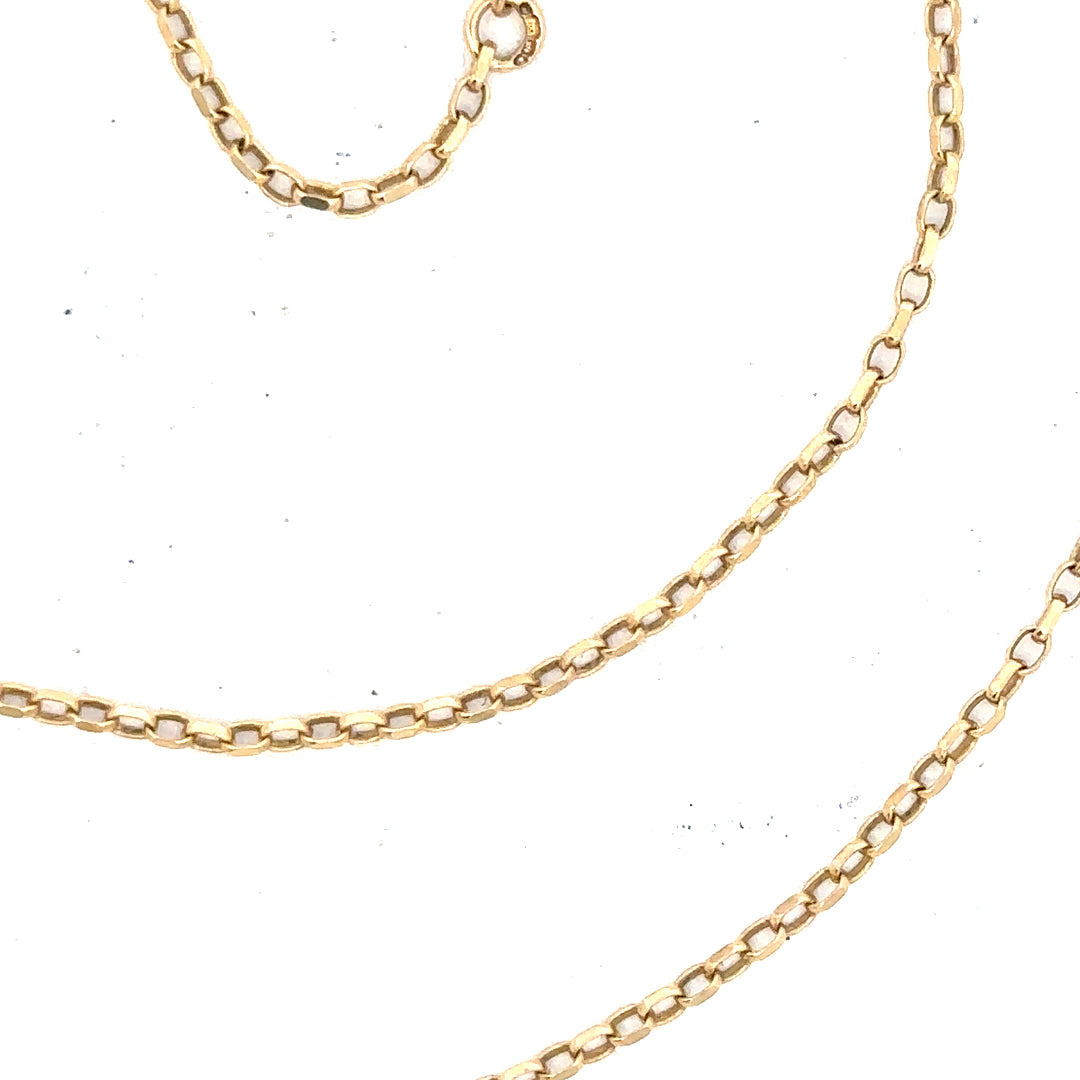 9ct yellow gold chain weighing 2.4g, unbranded jewelry with a delicate, polished link design, shown on a plain background.