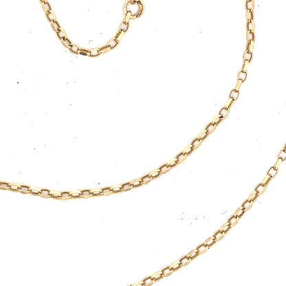 9ct yellow gold chain weighing 2.4g, unbranded jewelry with a delicate, polished link design, shown on a plain background.