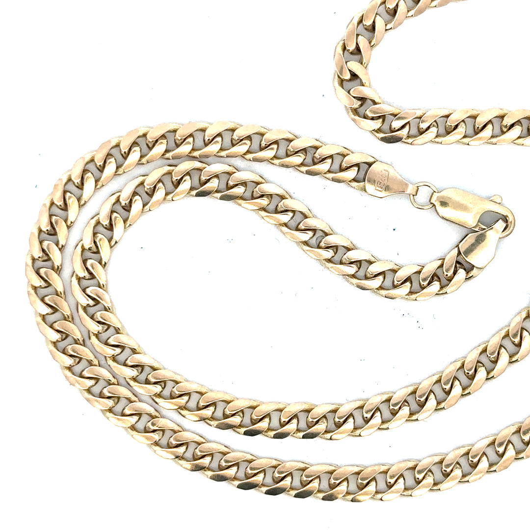 9ct yellow gold chain weighing 22.7g, unbranded, with detailed close-up showing the link pattern and polished finish.