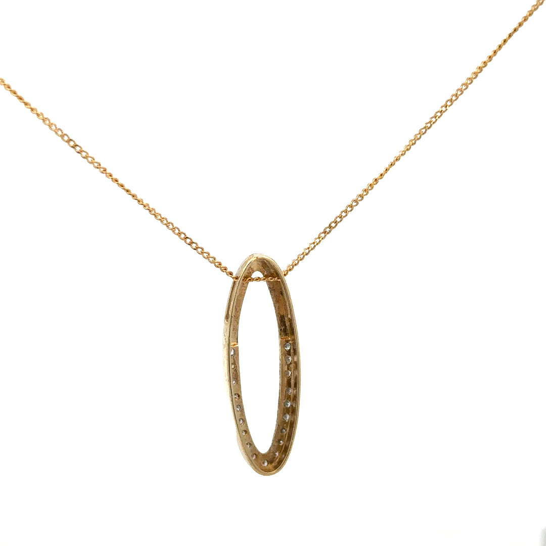 9ct yellow gold chain with diamond pendant, featuring a delicate design and sparkling diamonds, weight approximately 3 grams.