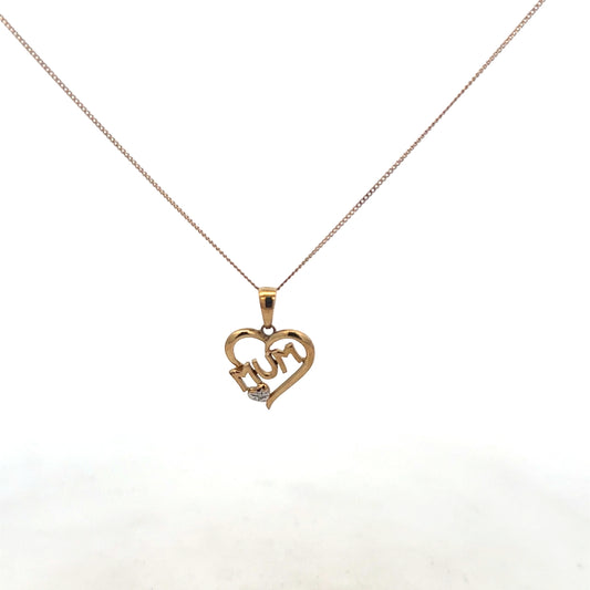 9ct yellow gold chain with mum pendant, 1.7g, unbranded jewelry, close-up showing detailed design and polished finish.