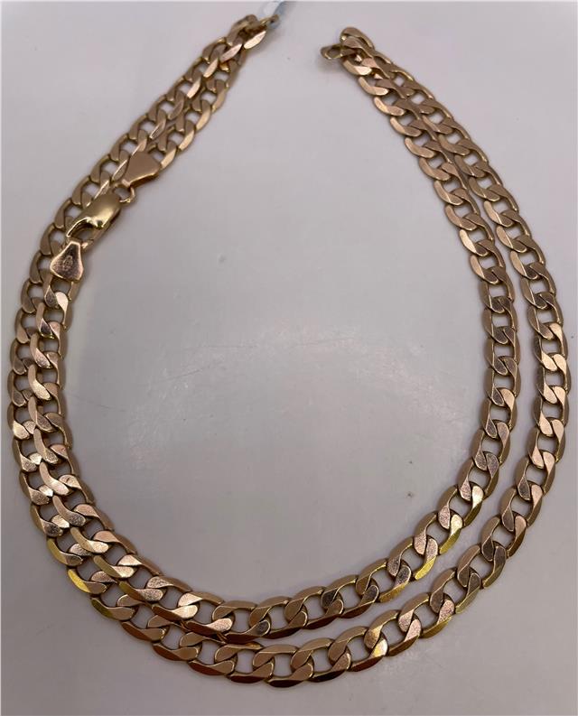 9ct yellow gold chain with a delicate link design, showcasing a shiny, polished finish on a plain background.
