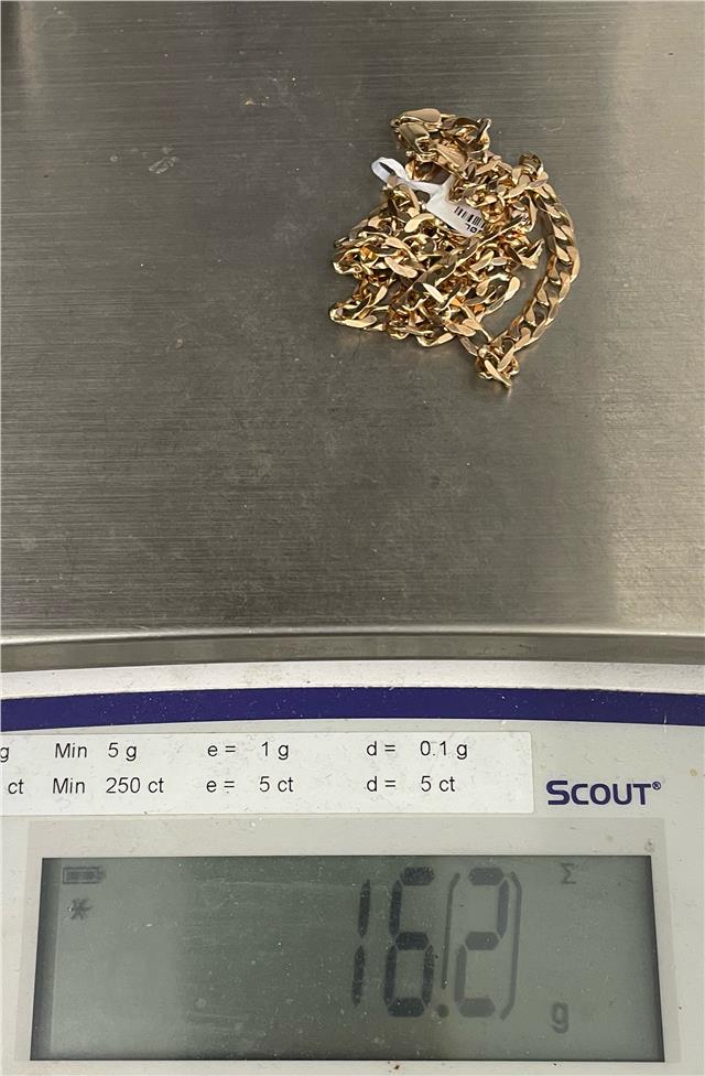 9ct yellow gold chain with a delicate link design, unbranded, showcasing its shiny finish and classic style.