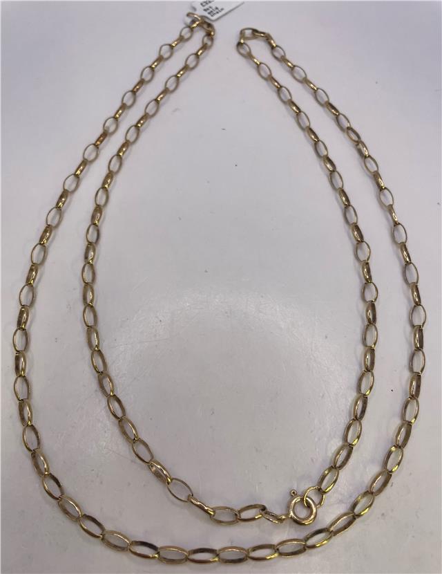 9ct yellow gold chain with a classic link design, showcasing a polished and elegant jewelry piece.