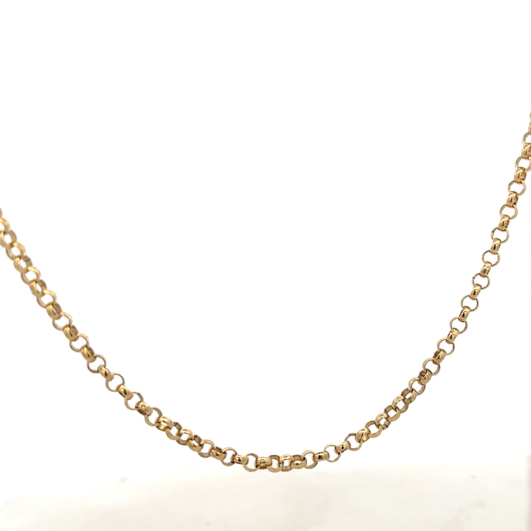 9ct yellow gold chain with a classic link design, showcasing a shiny polished finish and durable craftsmanship.