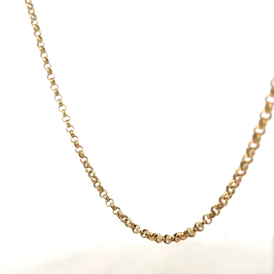9ct yellow gold chain featuring a delicate link design, showcasing a shiny and polished finish.