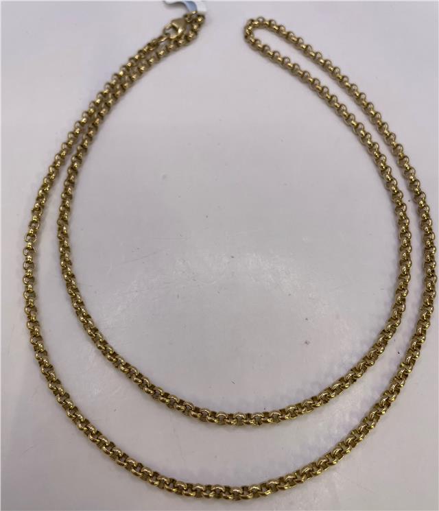 9ct yellow gold chain with a classic link design, shown in a close-up image highlighting its shiny finish and craftsmanship.