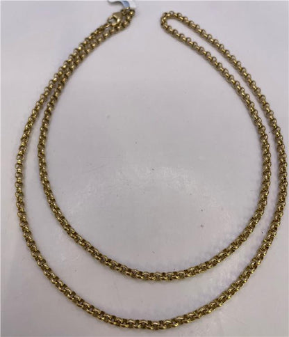 9ct yellow gold chain with a classic link design, shown in a close-up image highlighting its shiny finish and craftsmanship.
