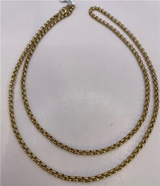 9ct yellow gold chain with a classic link design, shown in a close-up image highlighting its shiny finish and craftsmanship.