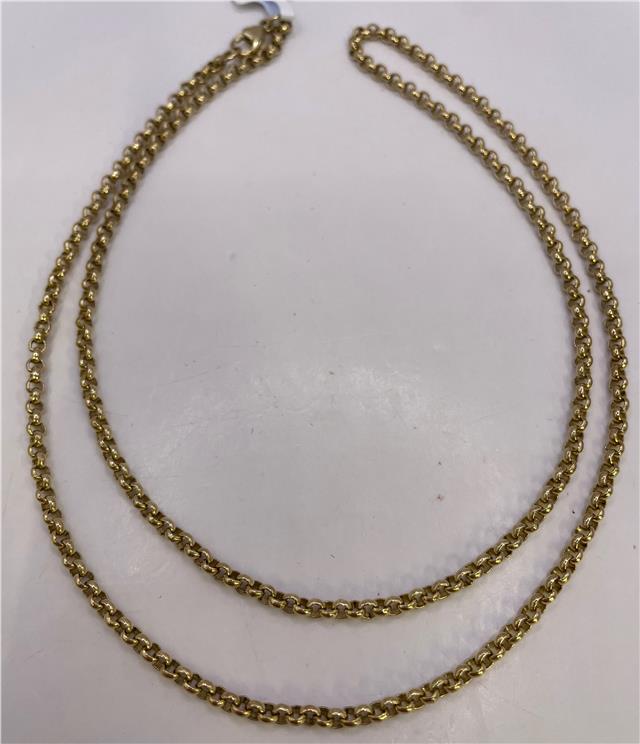 Yellow gold chain in 9ct unbranded jewelry, featuring a classic link design, shown in a close-up image.