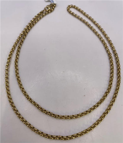 Yellow gold chain in 9ct unbranded jewelry, featuring a classic link design, shown in a close-up image.