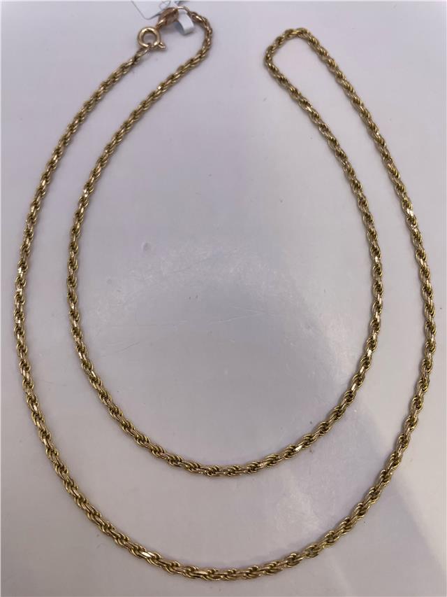 9ct yellow gold chain with a delicate link design, showcasing a shiny, polished finish on a plain background.