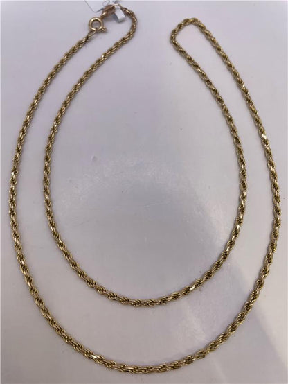 9ct yellow gold chain with a delicate link design, showcasing a shiny, polished finish on a plain background.