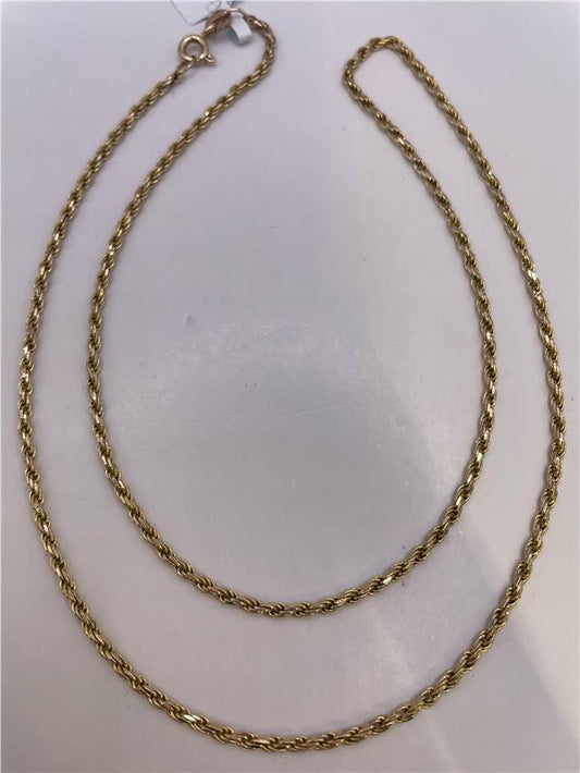 9ct yellow gold chain with a delicate link design, showcasing a shiny, polished finish on a plain background.