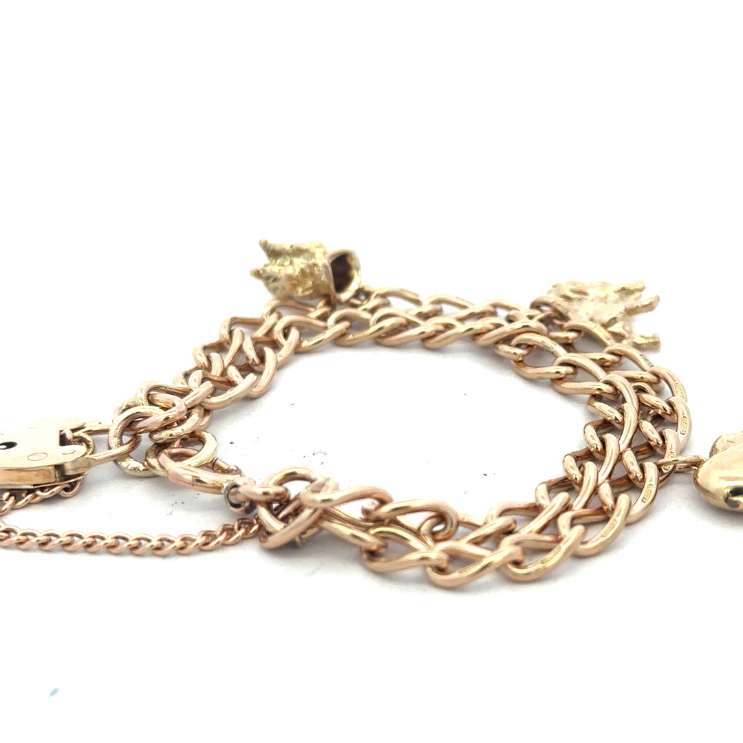 9ct yellow gold charm bracelet, unbranded, weighing 28.5g, featuring various decorative charms on a fine gold chain.
