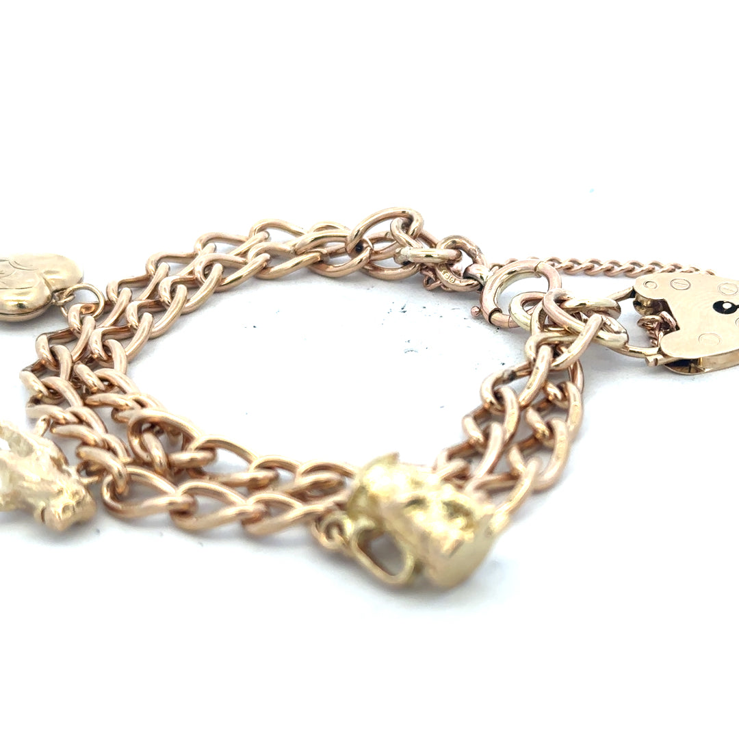 9ct yellow gold charm bracelet weighing 28.5g, featuring various decorative charms on a delicate gold chain.
