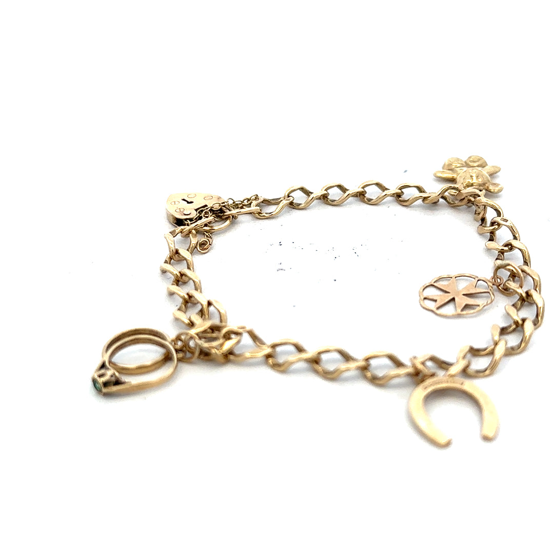 9ct yellow gold charm bracelet weighing 9.9g with various decorative charms, unbranded jewelry piece.
