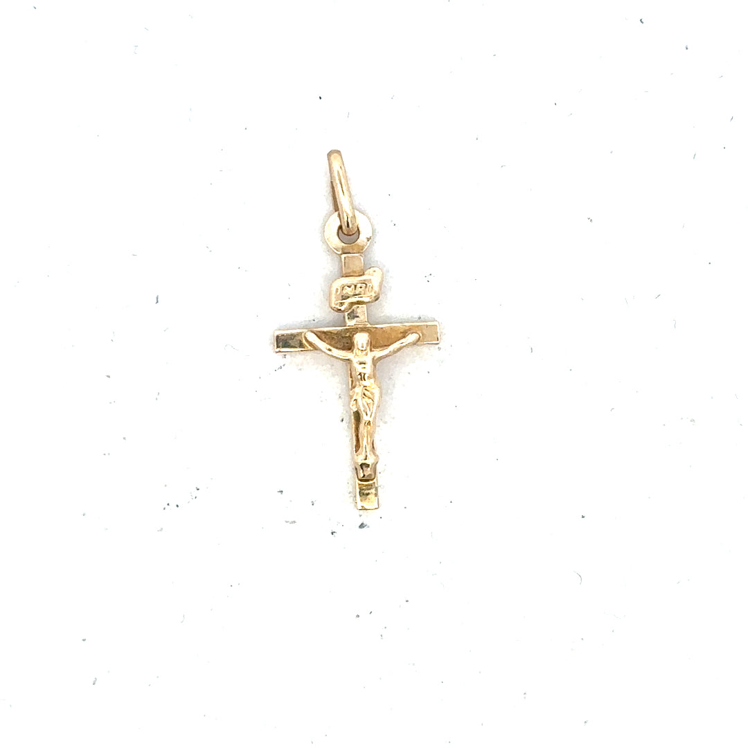 9ct yellow gold cross pendant weighing 1.3g, unbranded jewelry with detailed cross design on a plain background